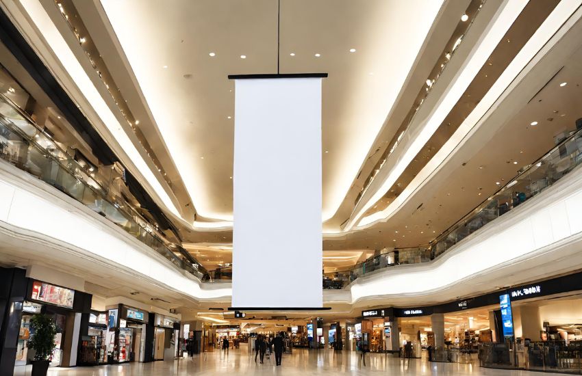 Photo d'un kakemono publicitaire vierge suspendu dans un supermarché